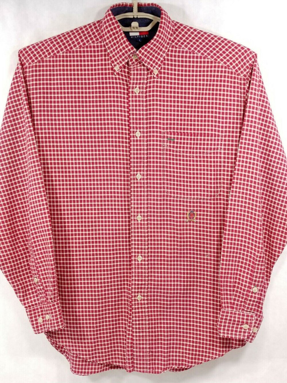 Tommy Hilfiger Vtg Crest Logo Shirt Mens S Red Plaid L/S Button Down Cool Cotton